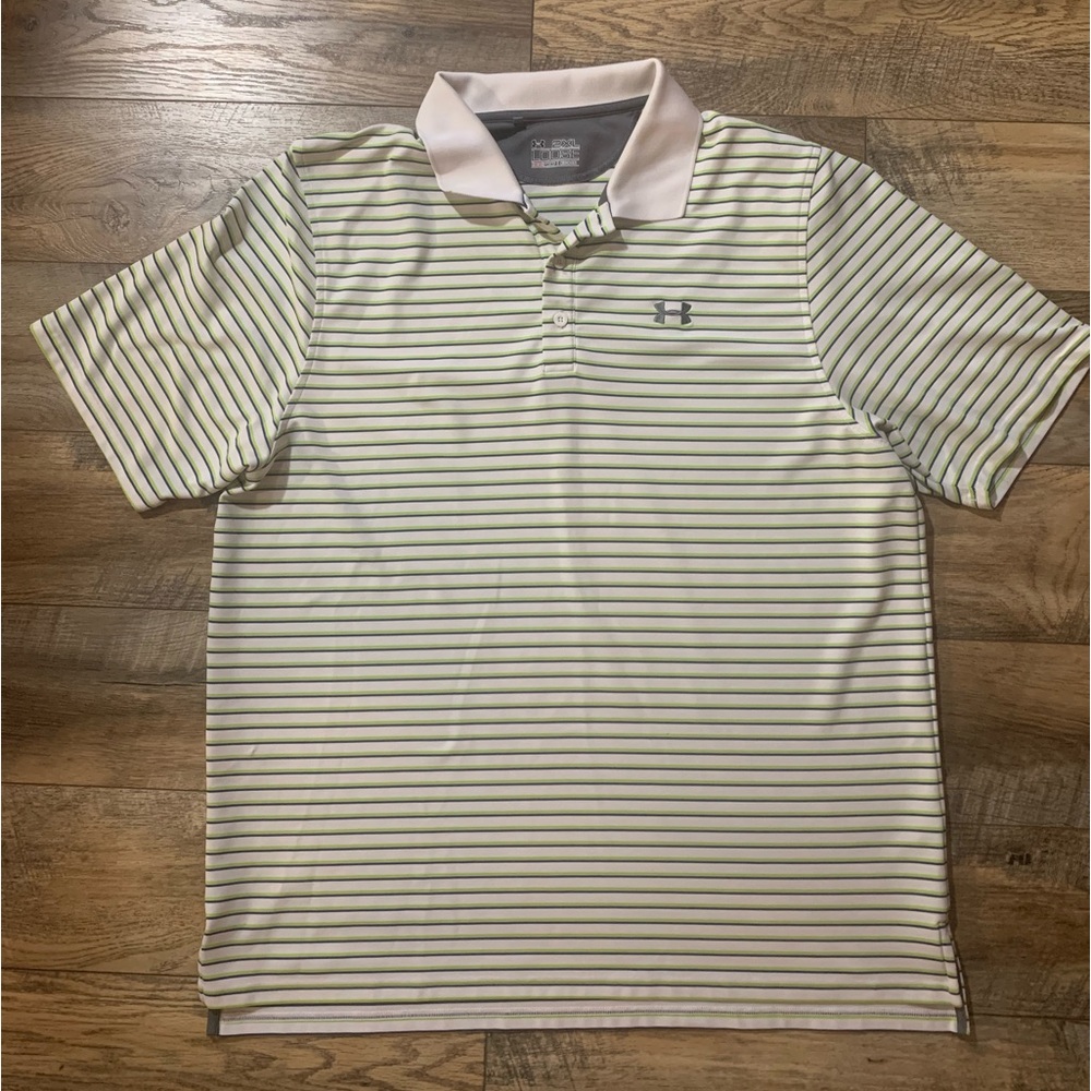 Under Armour HeatGear Loose Fit Golf Polo Shirt White Green Striped Men's 2XL